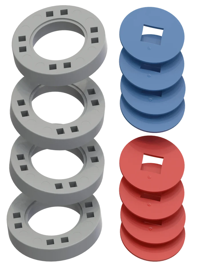 BIG Wheels – 4 Grey wheels with 4 blue and 4 red hubs