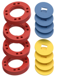 BIG Wheels – 4 Red wheels with 4 blue and 4 yellow hubs