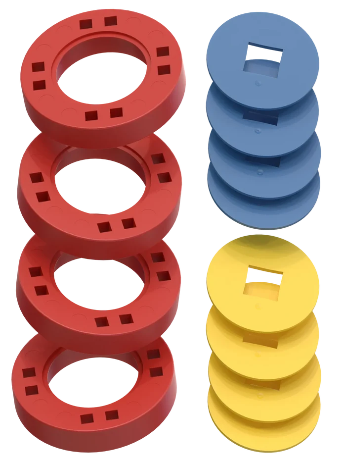 BIG Wheels – 4 Red wheels with 4 blue and 4 yellow hubs