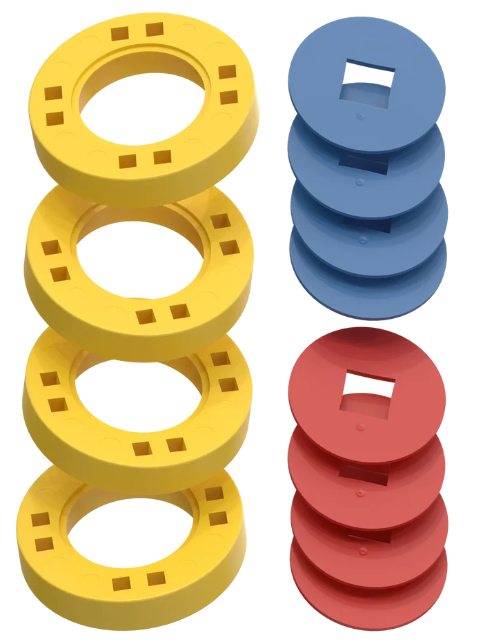 BIG Wheels – 4 Yellow wheels with 4 blue and 4 red hubs