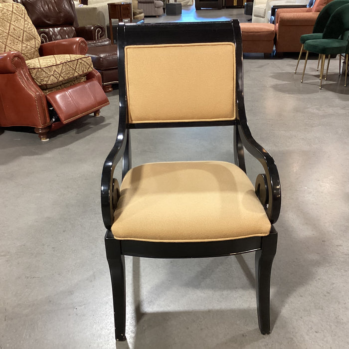 Black Lacquer with Carved Scroll Detail & Gold Texture Woven Upholstery Accent Chair 22"x 28"x 39"