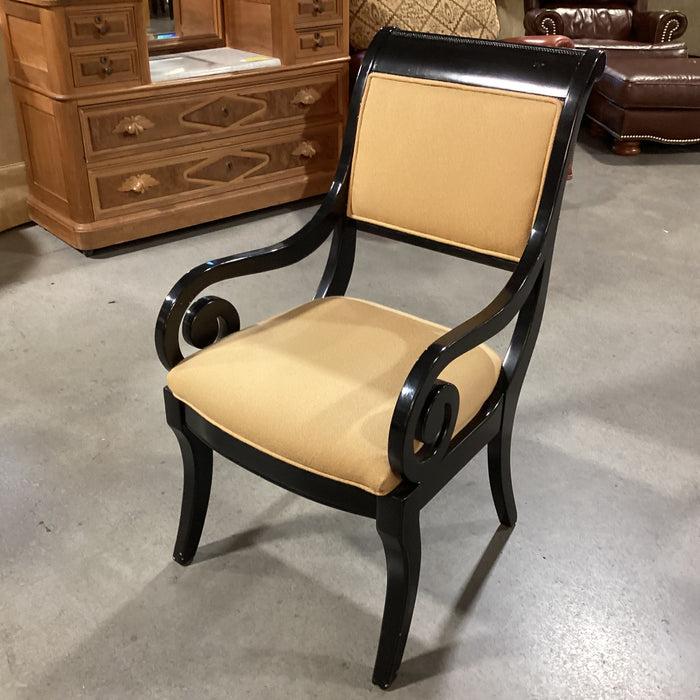 Black Lacquer with Carved Scroll Detail & Gold Texture Woven Upholstery Accent Chair 22"x 28"x 39"