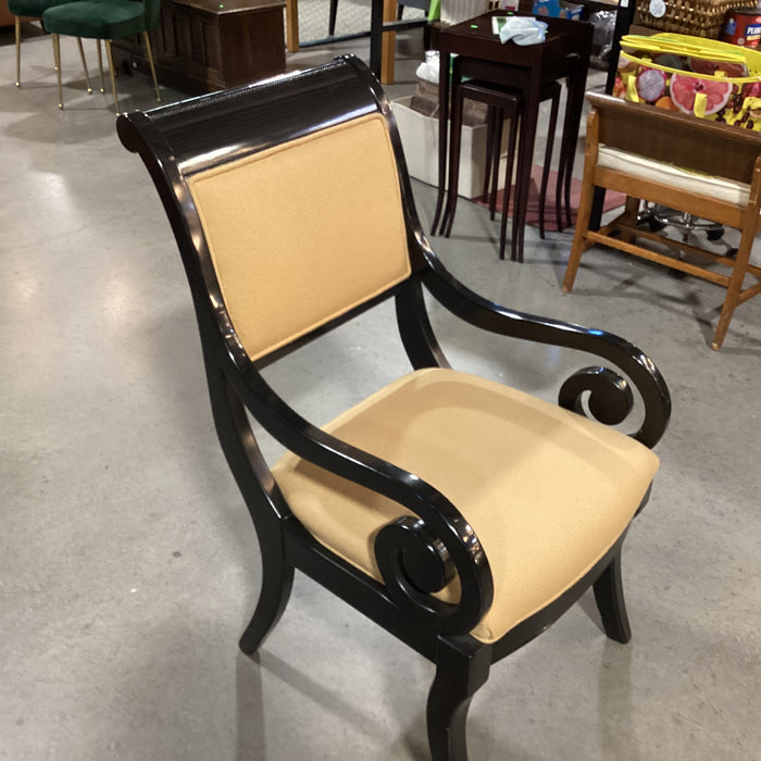 Black Lacquer with Carved Scroll Detail & Gold Texture Woven Upholstery Accent Chair 22"x 28"x 39"