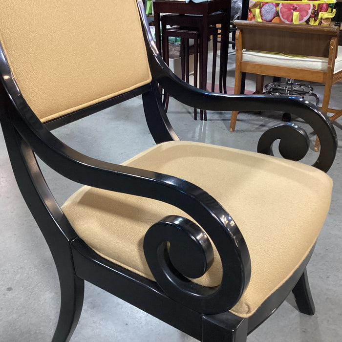 Black Lacquer with Carved Scroll Detail & Gold Texture Woven Upholstery Accent Chair 22"x 28"x 39"