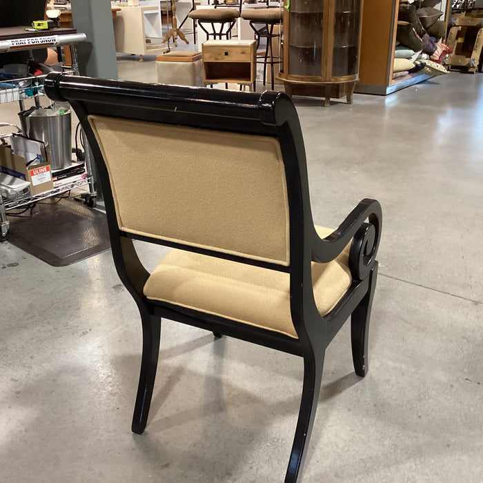 Black Lacquer with Carved Scroll Detail & Gold Texture Woven Upholstery Accent Chair 22"x 28"x 39"
