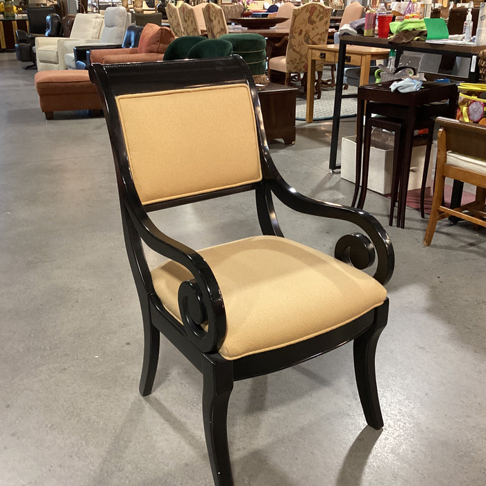 Black Lacquer with Carved Scroll Detail & Gold Texture Woven Upholstery Accent Chair 22"x 28"x 39"