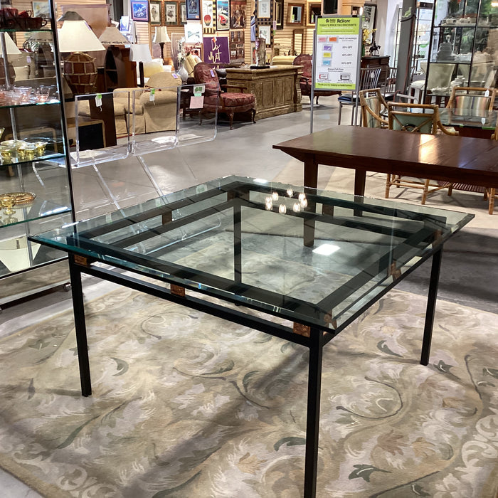 Black Metal with Copper Painted Floral Detail & Thick Beveled Glass Dining Table 54"x 54"x 25.5"