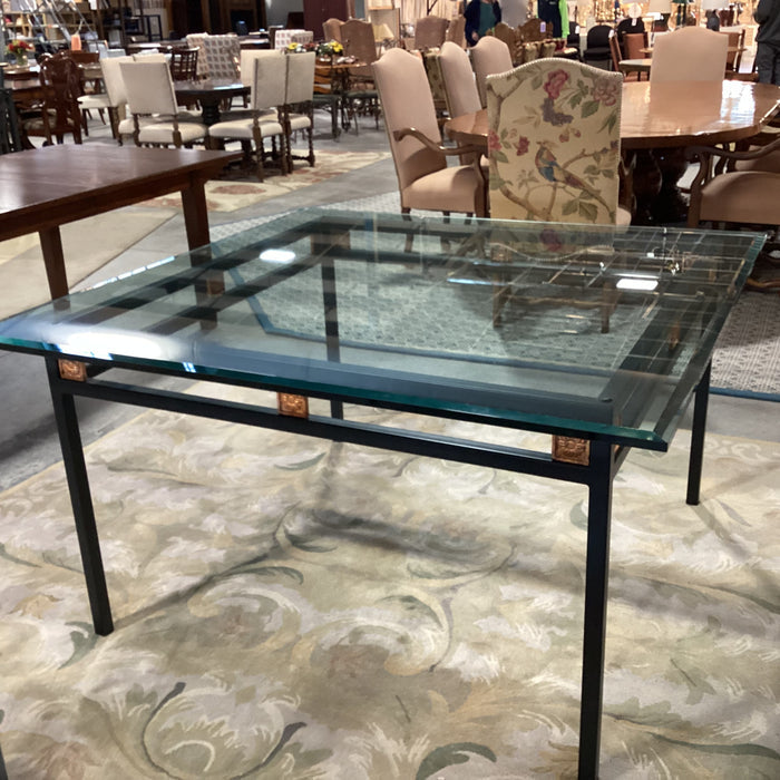 Black Metal with Copper Painted Floral Detail & Thick Beveled Glass Dining Table 54"x 54"x 25.5"