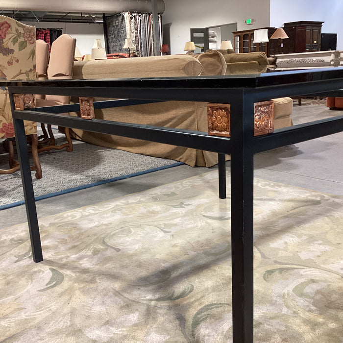 Black Metal with Copper Painted Floral Detail & Thick Beveled Glass Dining Table 54"x 54"x 25.5"