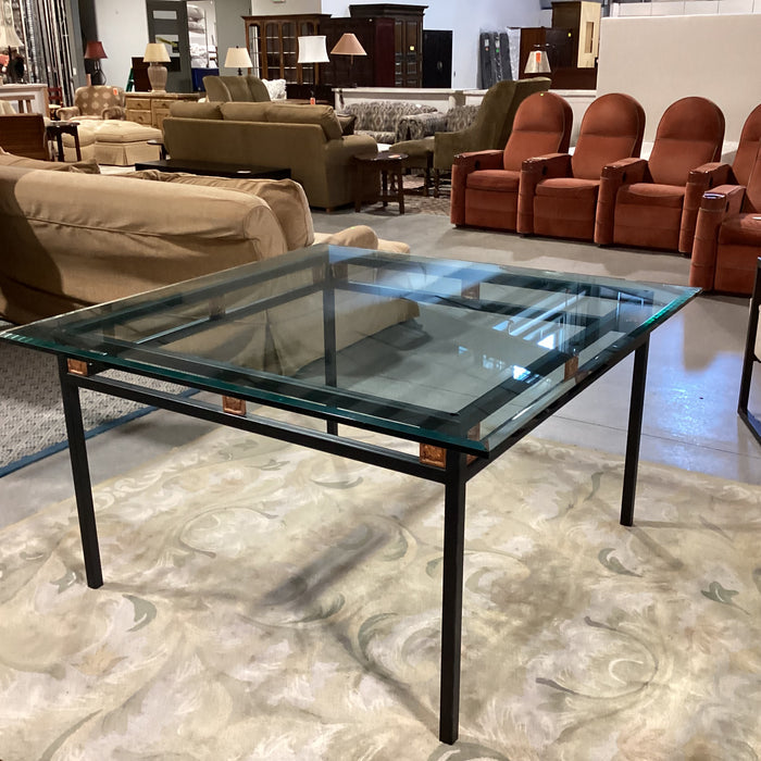 Black Metal with Copper Painted Floral Detail & Thick Beveled Glass Dining Table 54"x 54"x 25.5"