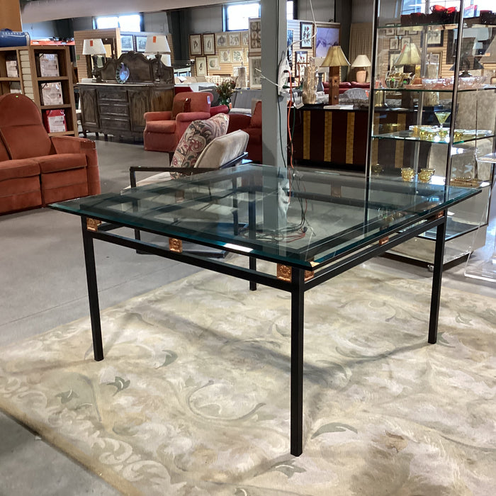 Black Metal with Copper Painted Floral Detail & Thick Beveled Glass Dining Table 54"x 54"x 25.5"