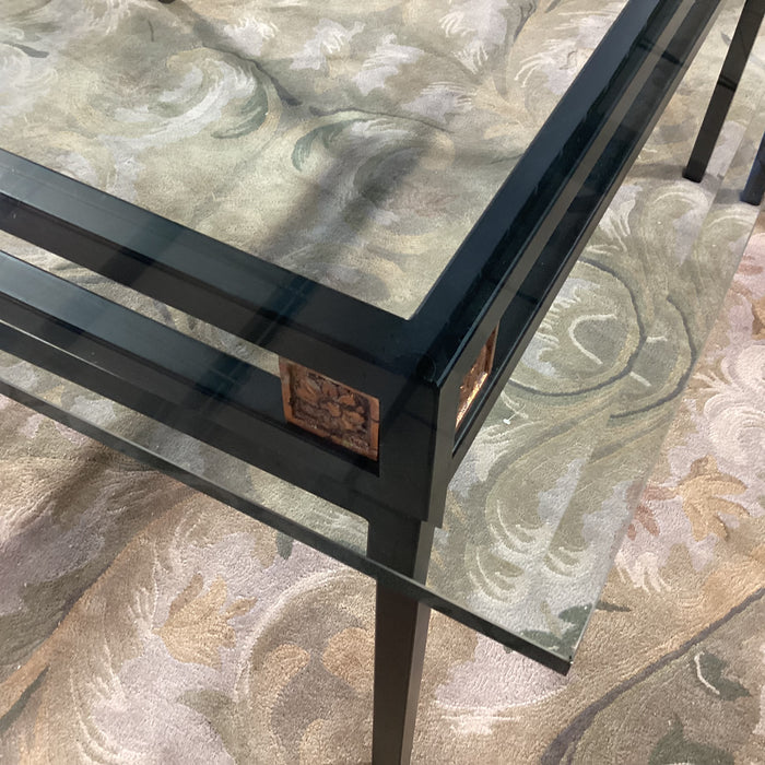 Black Metal with Copper Painted Floral Detail & Thick Beveled Glass Dining Table 54"x 54"x 25.5"