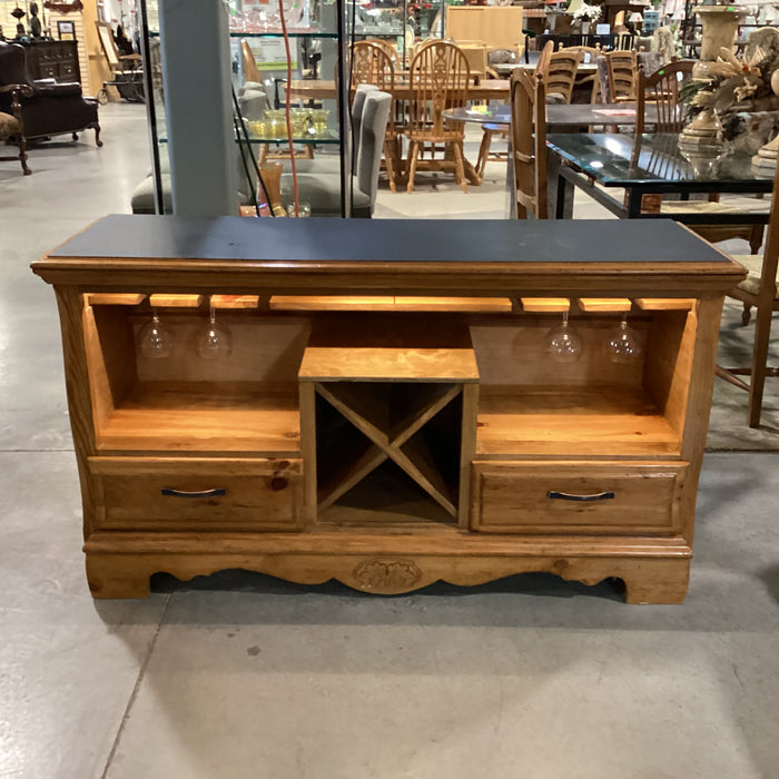 Carved Pine with Black Top Glass Slots Wine Rack 2 Drawer & Lighted Bar Buffet 54"x 18"x 30"
