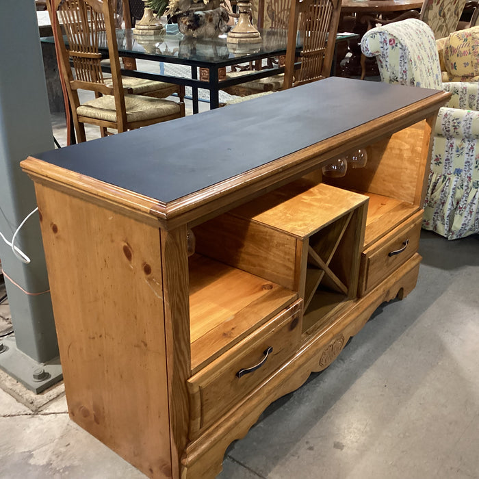 Carved Pine with Black Top Glass Slots Wine Rack 2 Drawer & Lighted Bar Buffet 54"x 18"x 30"