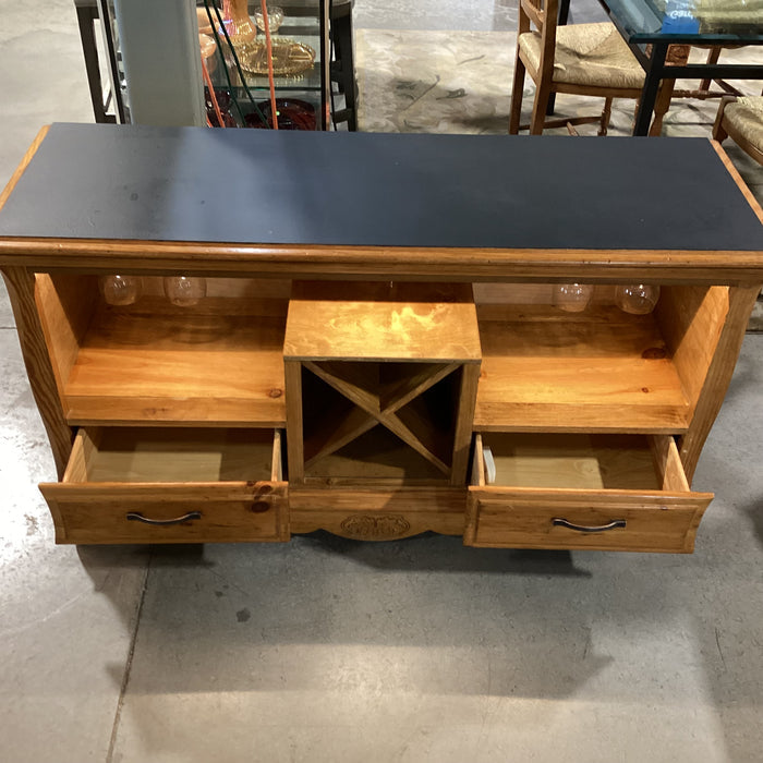 Carved Pine with Black Top Glass Slots Wine Rack 2 Drawer & Lighted Bar Buffet 54"x 18"x 30"