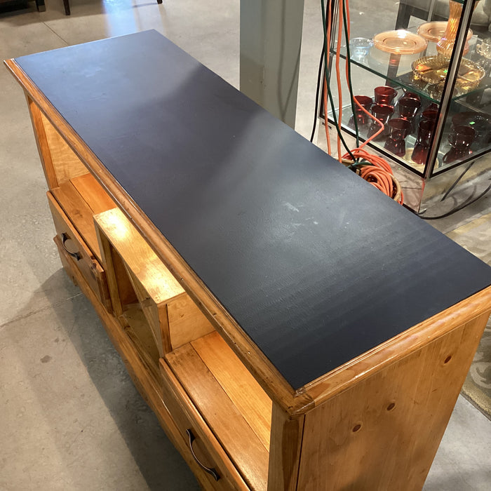Carved Pine with Black Top Glass Slots Wine Rack 2 Drawer & Lighted Bar Buffet 54"x 18"x 30"