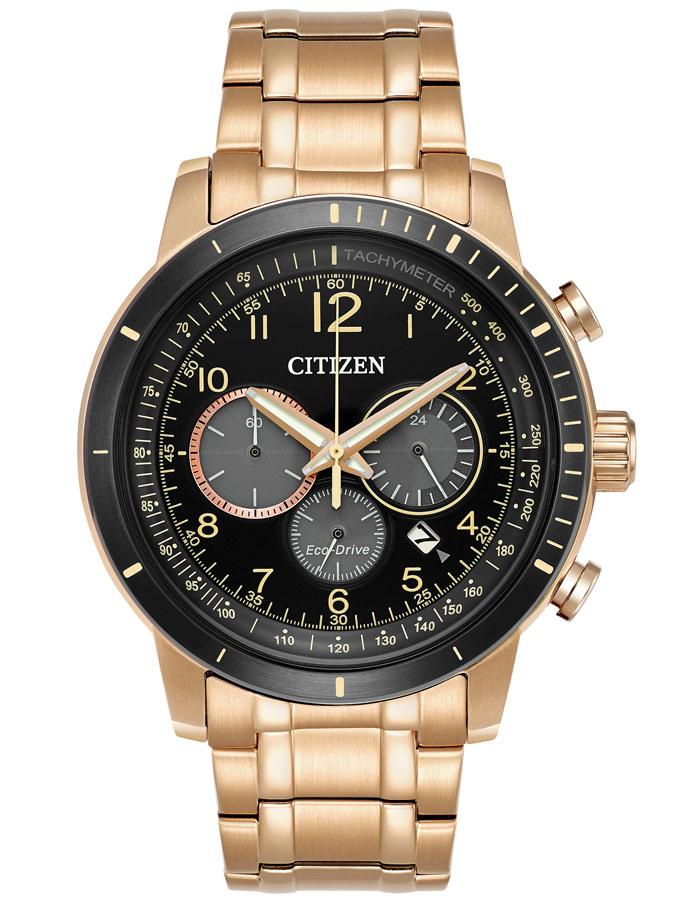 Citizen Eco-Drive Mens Chronograph - Black Dial - Bracelet - Rose Gold - 100m - CA4359-55E_dd79d141-1696-4762-a954-9525c6e45072