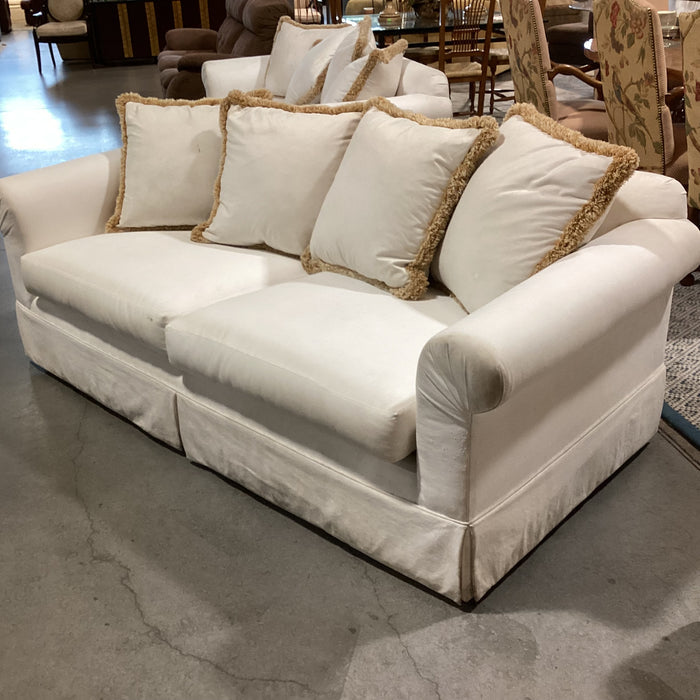 Custom Cream with Gold Tan Fringe Down Mix Roll Arm Sofa 85"x 40"x 31"