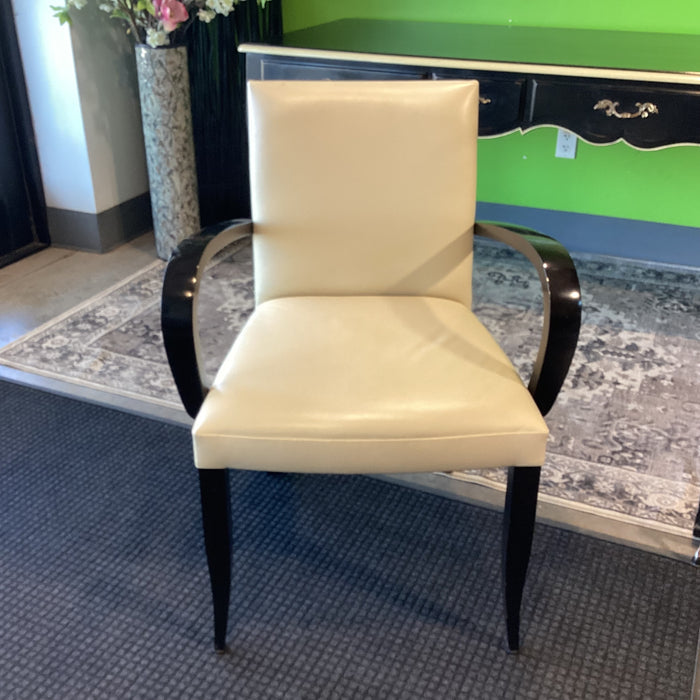 Dakota Jackson Style Art Deco Black Lacquer Wood & Cream Leather Chair 25.5"x 24"x 34.5"