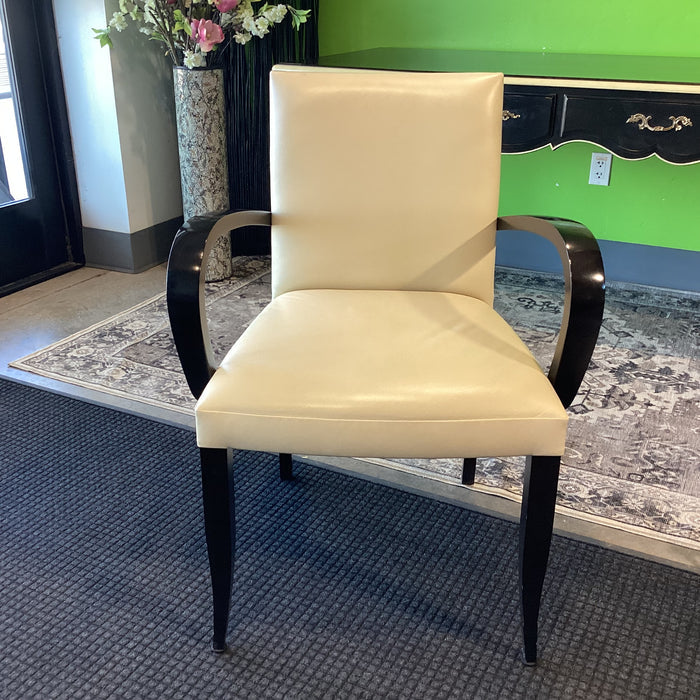 Dakota Jackson Style Art Deco Black Lacquer Wood & Cream Leather Chair 25.5"x 24"x 34.5"