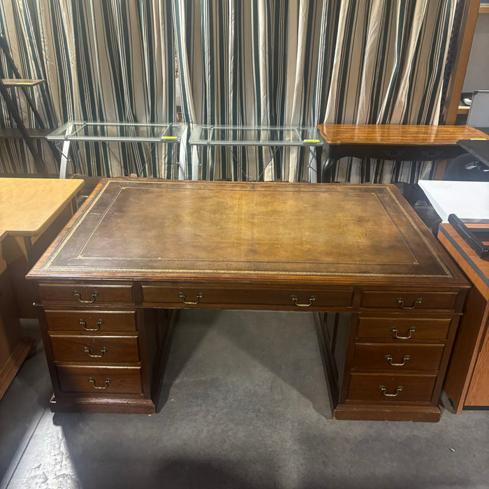 Dark Finish Wood with Gilded Detail Leather Top 18 Drawer Partner Desk 73"x 47.5"x 30.5"