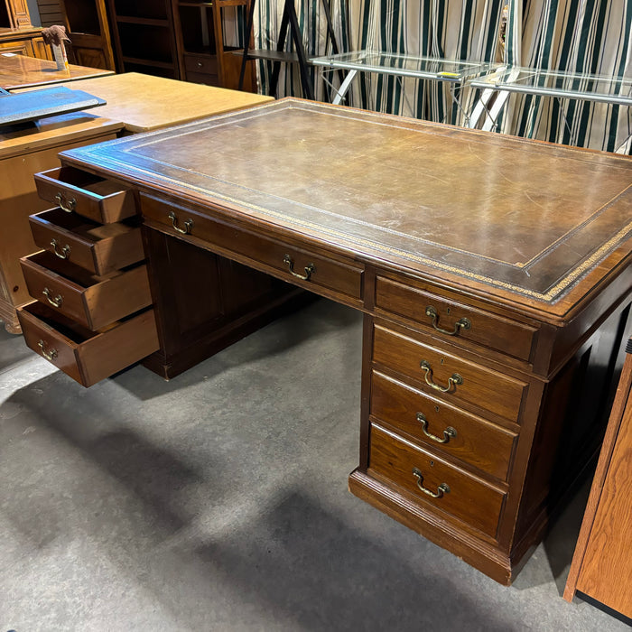 Dark Finish Wood with Gilded Detail Leather Top 18 Drawer Partner Desk 73"x 47.5"x 30.5"