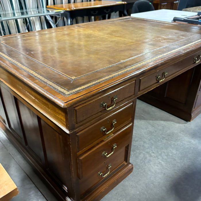 Dark Finish Wood with Gilded Detail Leather Top 18 Drawer Partner Desk 73"x 47.5"x 30.5"
