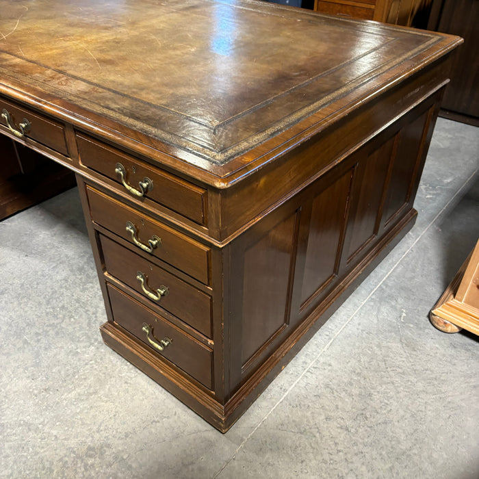 Dark Finish Wood with Gilded Detail Leather Top 18 Drawer Partner Desk 73"x 47.5"x 30.5"