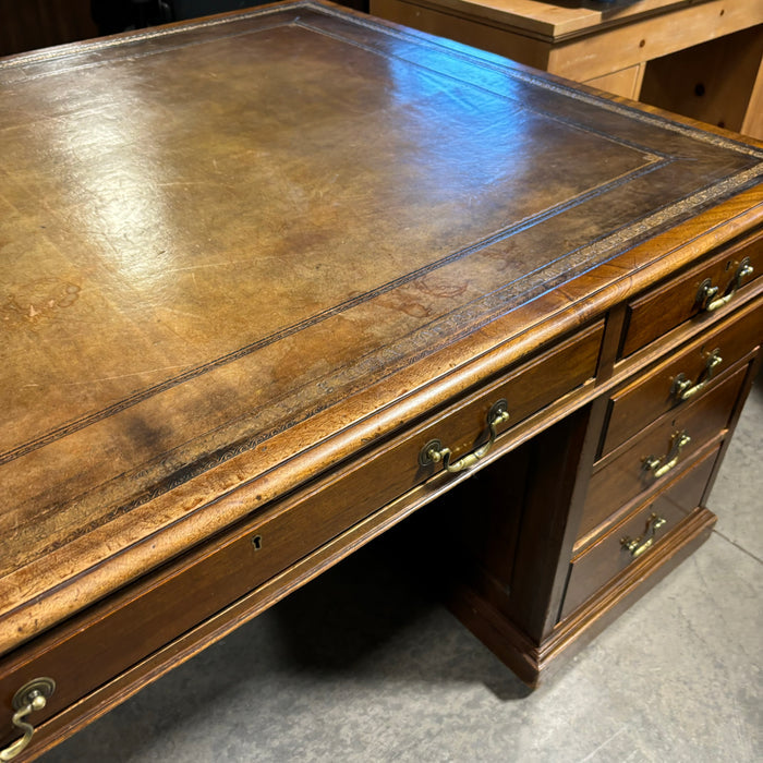 Dark Finish Wood with Gilded Detail Leather Top 18 Drawer Partner Desk 73"x 47.5"x 30.5"