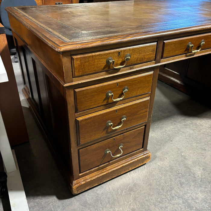 Dark Finish Wood with Gilded Detail Leather Top 18 Drawer Partner Desk 73"x 47.5"x 30.5"