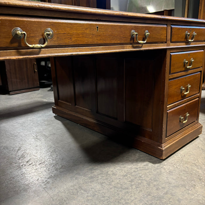 Dark Finish Wood with Gilded Detail Leather Top 18 Drawer Partner Desk 73"x 47.5"x 30.5"