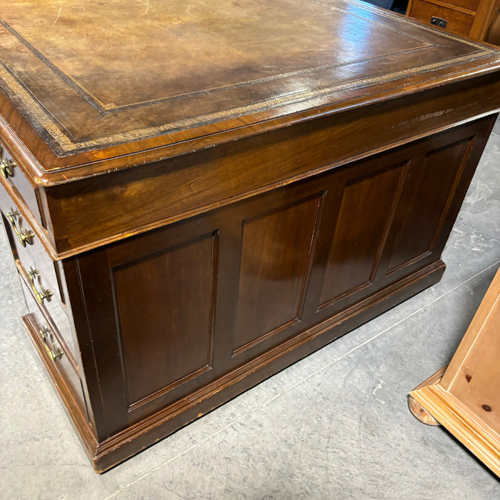 Dark Finish Wood with Gilded Detail Leather Top 18 Drawer Partner Desk 73"x 47.5"x 30.5"