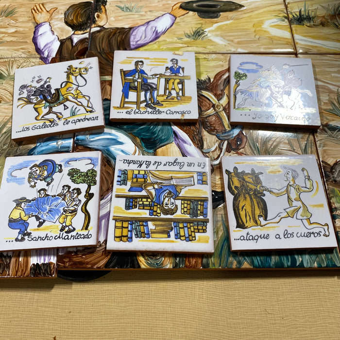 Don Quixote Handpainted Terra Cotta Backsplash Signed 12-8"x 8" Tiles, 12-3"x 3" Tiles