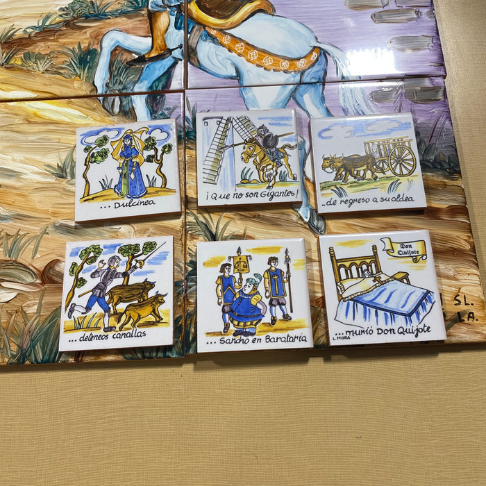 Don Quixote Handpainted Terra Cotta Backsplash Signed 12-8"x 8" Tiles, 12-3"x 3" Tiles