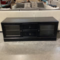 Ethan Allen New Country Distressed Black Wood 2 Glass Door with Shelves 2 Drawer Console 60"x 21.5"x 23"