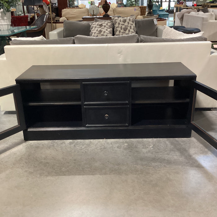 Ethan Allen New Country Distressed Black Wood 2 Glass Door with Shelves 2 Drawer Console 60"x 21.5"x 23"