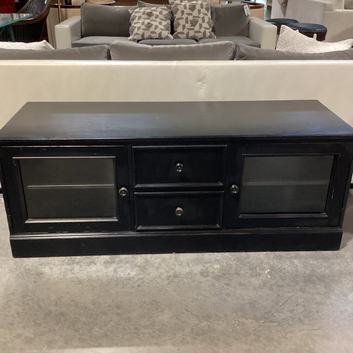 Ethan Allen New Country Distressed Black Wood 2 Glass Door with Shelves 2 Drawer Console 60"x 21.5"x 23"