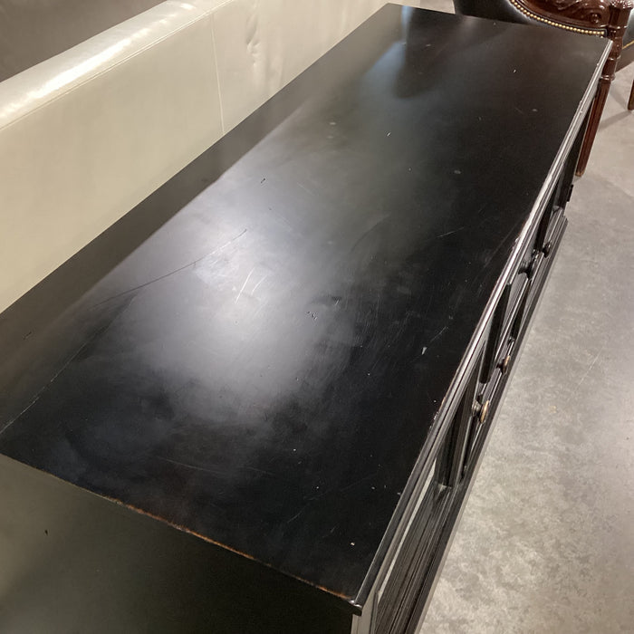 Ethan Allen New Country Distressed Black Wood 2 Glass Door with Shelves 2 Drawer Console 60"x 21.5"x 23"
