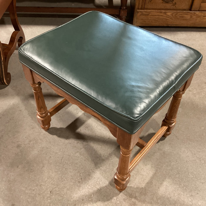 Forest Green Leather & Carved Wood Stool Ottoman 21"x 17"x 18.5"