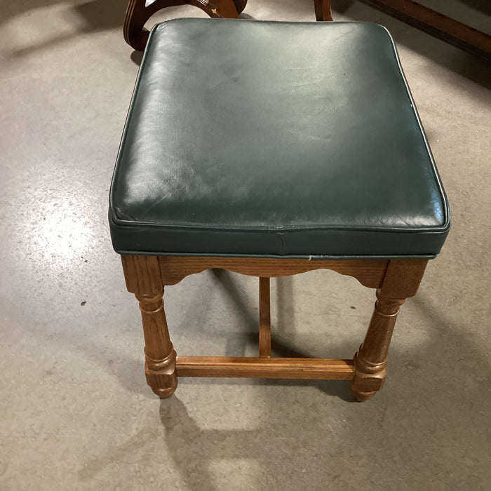 Forest Green Leather & Carved Wood Stool Ottoman 21"x 17"x 18.5"