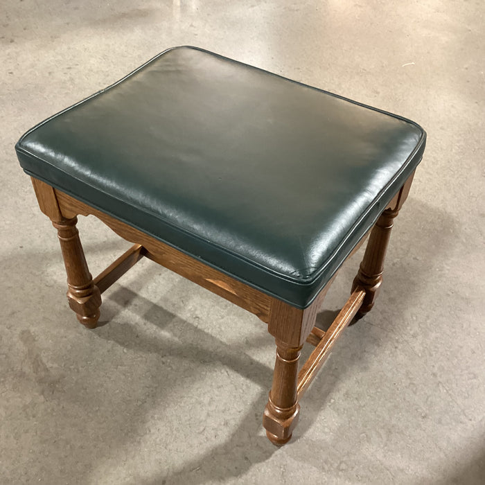 Forest Green Leather & Carved Wood Stool Ottoman 21"x 17"x 18.5"