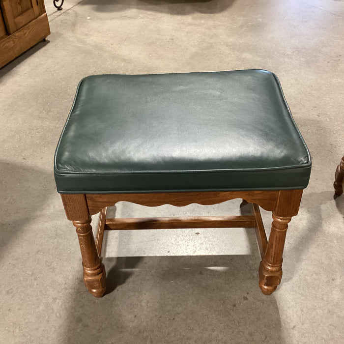 Forest Green Leather & Carved Wood Stool Ottoman 21"x 17"x 18.5"