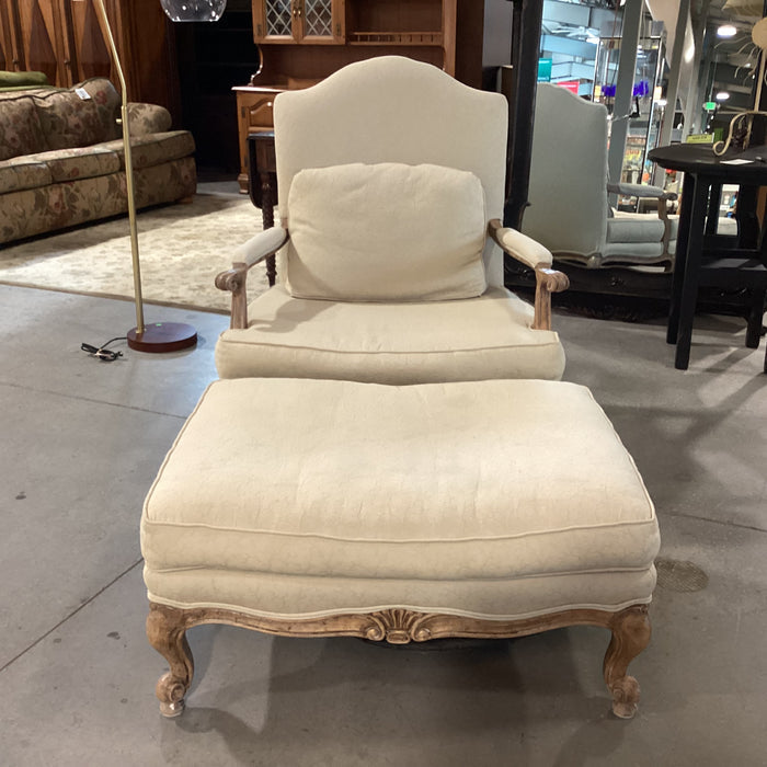 French Provincial Style Carved Antiqued Washed Wood & Wheat Raised Texture with Ottoman Chair 36"x 38"x 42"