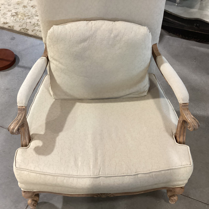 French Provincial Style Carved Antiqued Washed Wood & Wheat Raised Texture with Ottoman Chair 36"x 38"x 42"