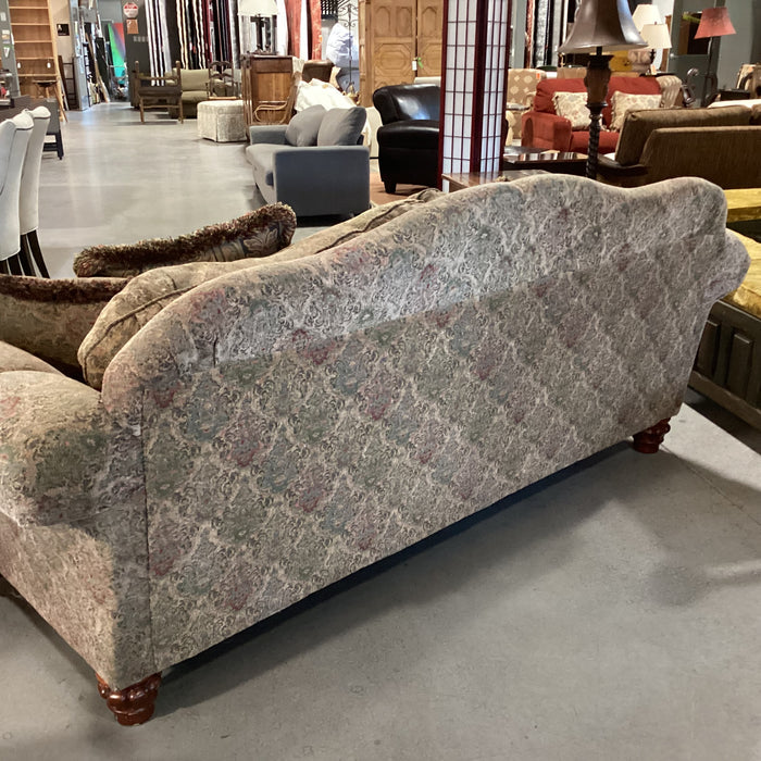 Green Gold Red Ornate Floral & Carved Wood Roll Arm Arch Back Sofa 97"x 40"x 40"