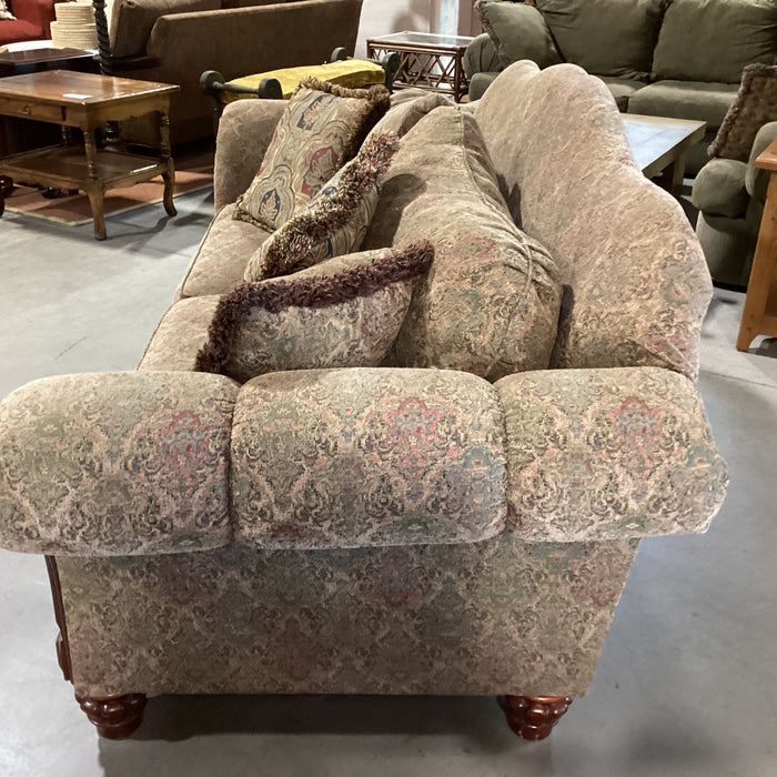 Green Gold Red Ornate Floral & Carved Wood Roll Arm Arch Back Sofa 97"x 40"x 40"