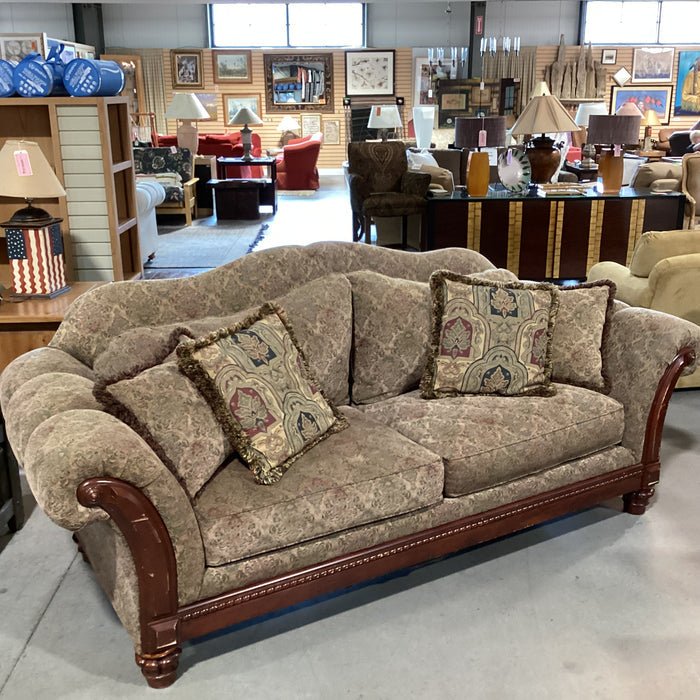 Green Gold Red Ornate Floral & Carved Wood Roll Arm Arch Back Sofa 97"x 40"x 40"