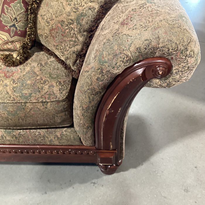 Green Gold Red Ornate Floral & Carved Wood Roll Arm Arch Back Sofa 97"x 40"x 40"