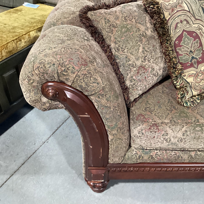 Green Gold Red Ornate Floral & Carved Wood Roll Arm Arch Back Sofa 97"x 40"x 40"