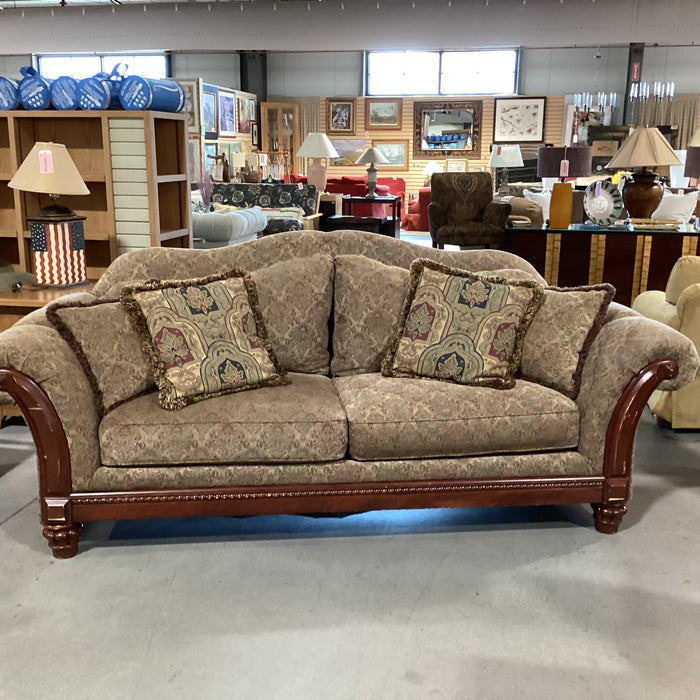 Green Gold Red Ornate Floral & Carved Wood Roll Arm Arch Back Sofa 97"x 40"x 40"